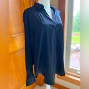 H&M Medium Black Button Front Shirt Drape Satiny Look Top.